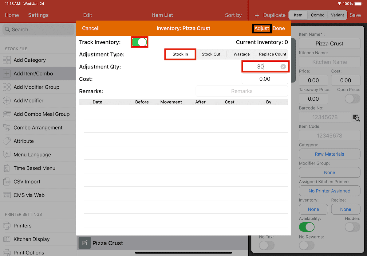 mobipos raw materials item inventory details