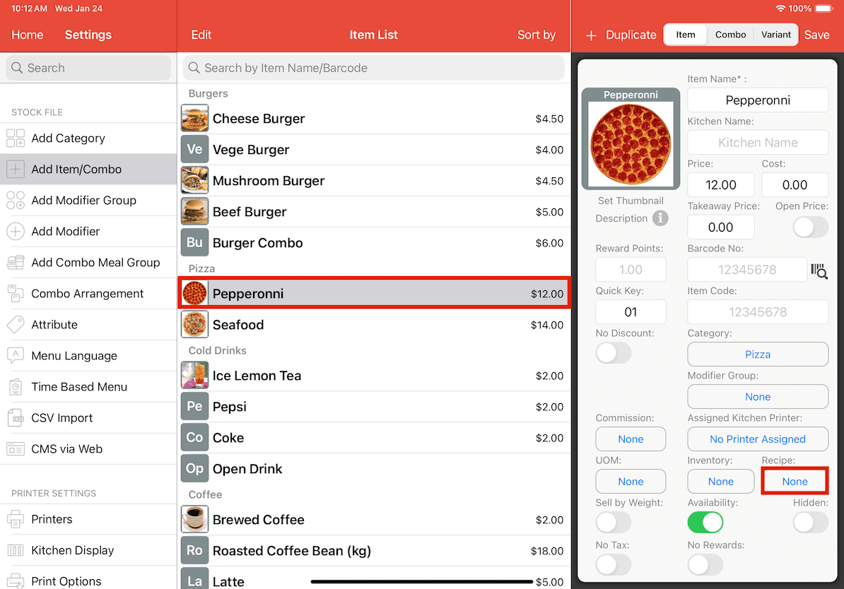 mobipos raw materials item recipe