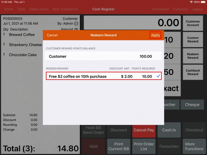 pos system redeem reward points required