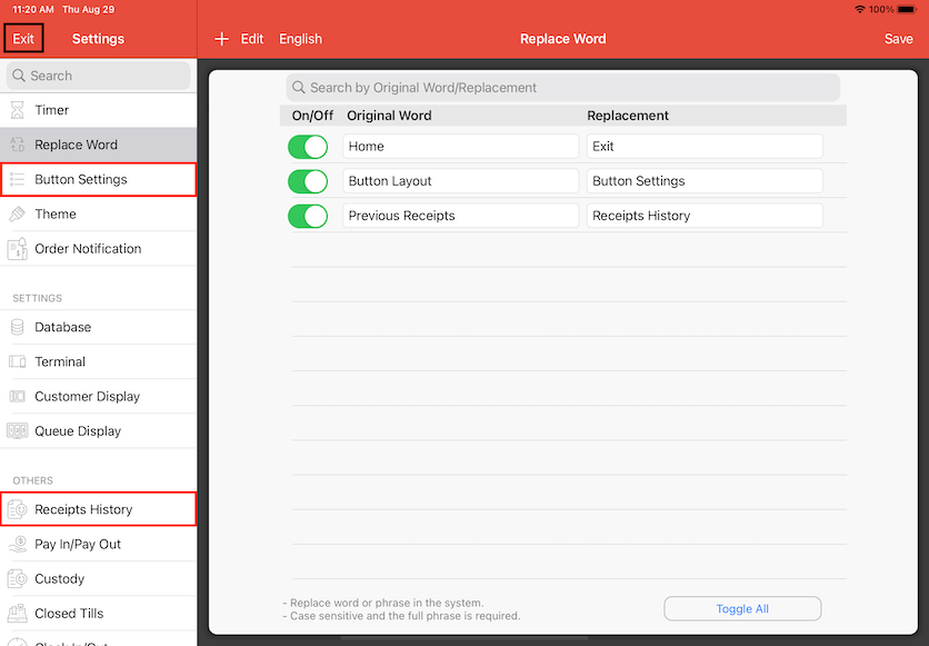 pos system replace word after settings