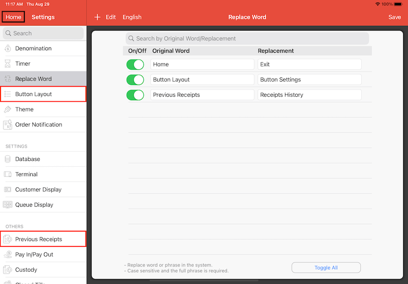 pos system replace word before settings