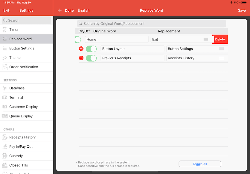 pos system replace word edit delete tab settings