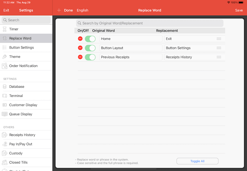 pos system replace word edit settings