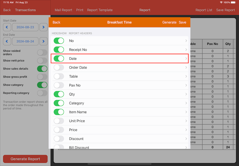 pos system report template selections