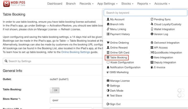 mobipos Table booking setting
