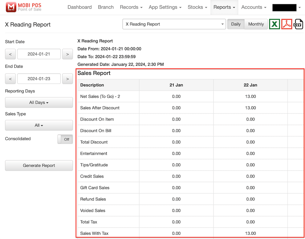 mobi pos x report