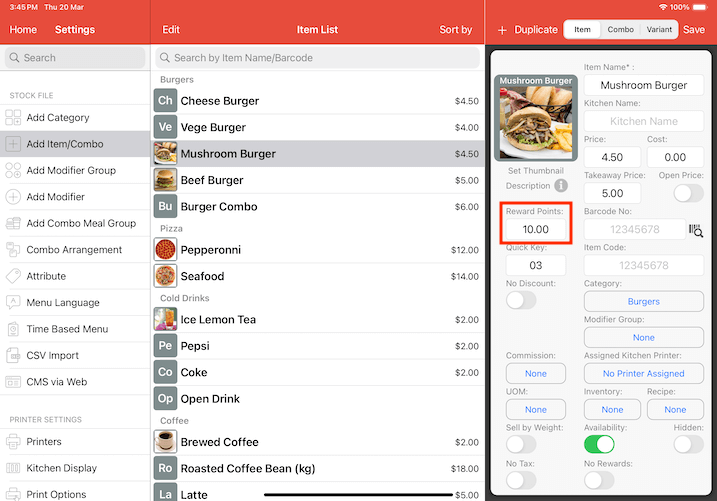 pos system automated reward add item reward points