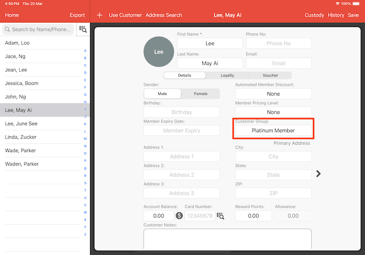 pos system cashback reward assign customer to group
