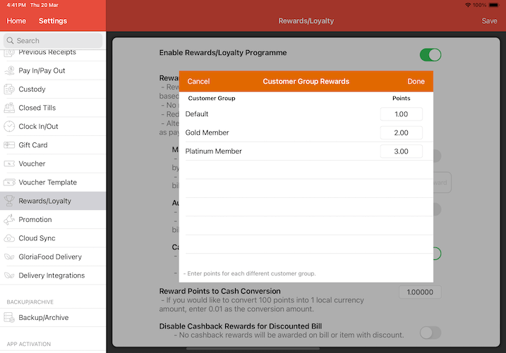 pos system cashback reward configure points based on group