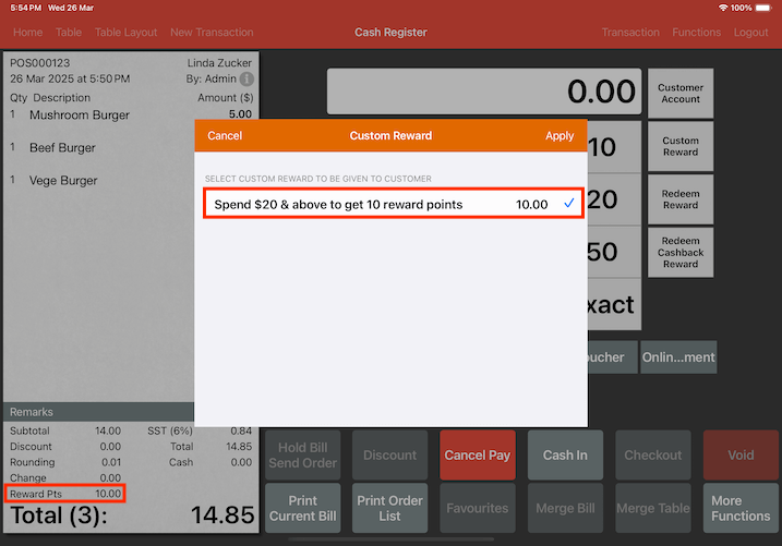 pos system multiple reward manual reward applied