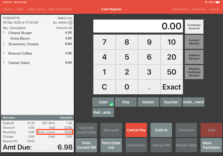 pos system customer reward points rewards applied on receipt