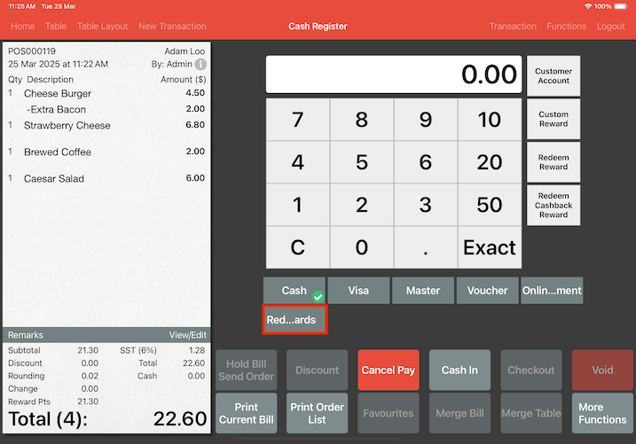 pos system customer reward points redeem reward button