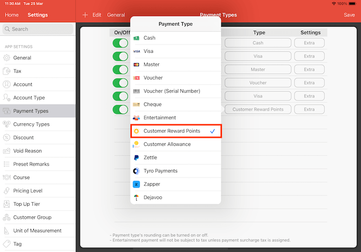 pos system customer reward points type dropdown