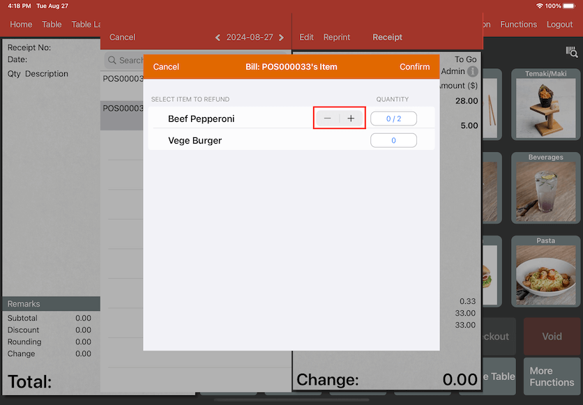 pos system sales refund adjust refund quantity settings