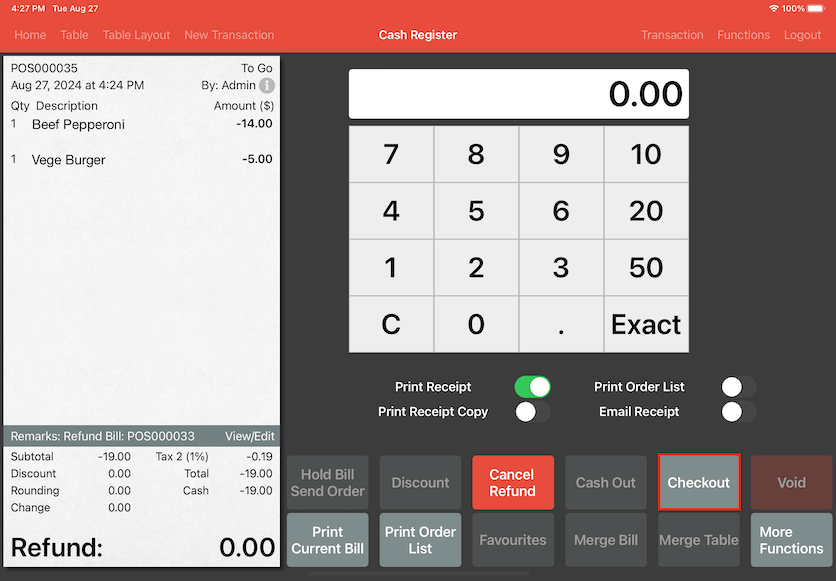 pos system sales refund cash register checkout settings