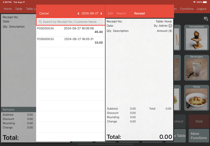 pos system sales refund search transaction settings