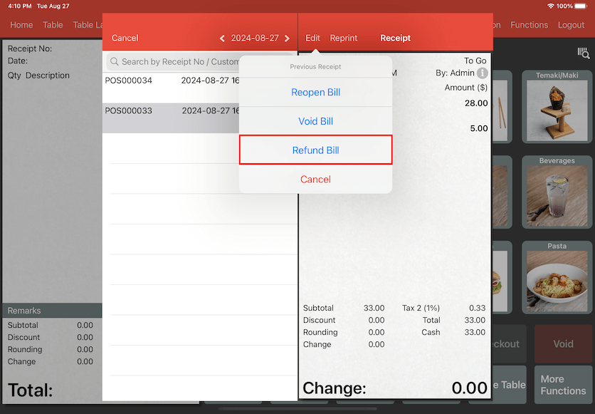 pos system sales refund transaction refund bill settings