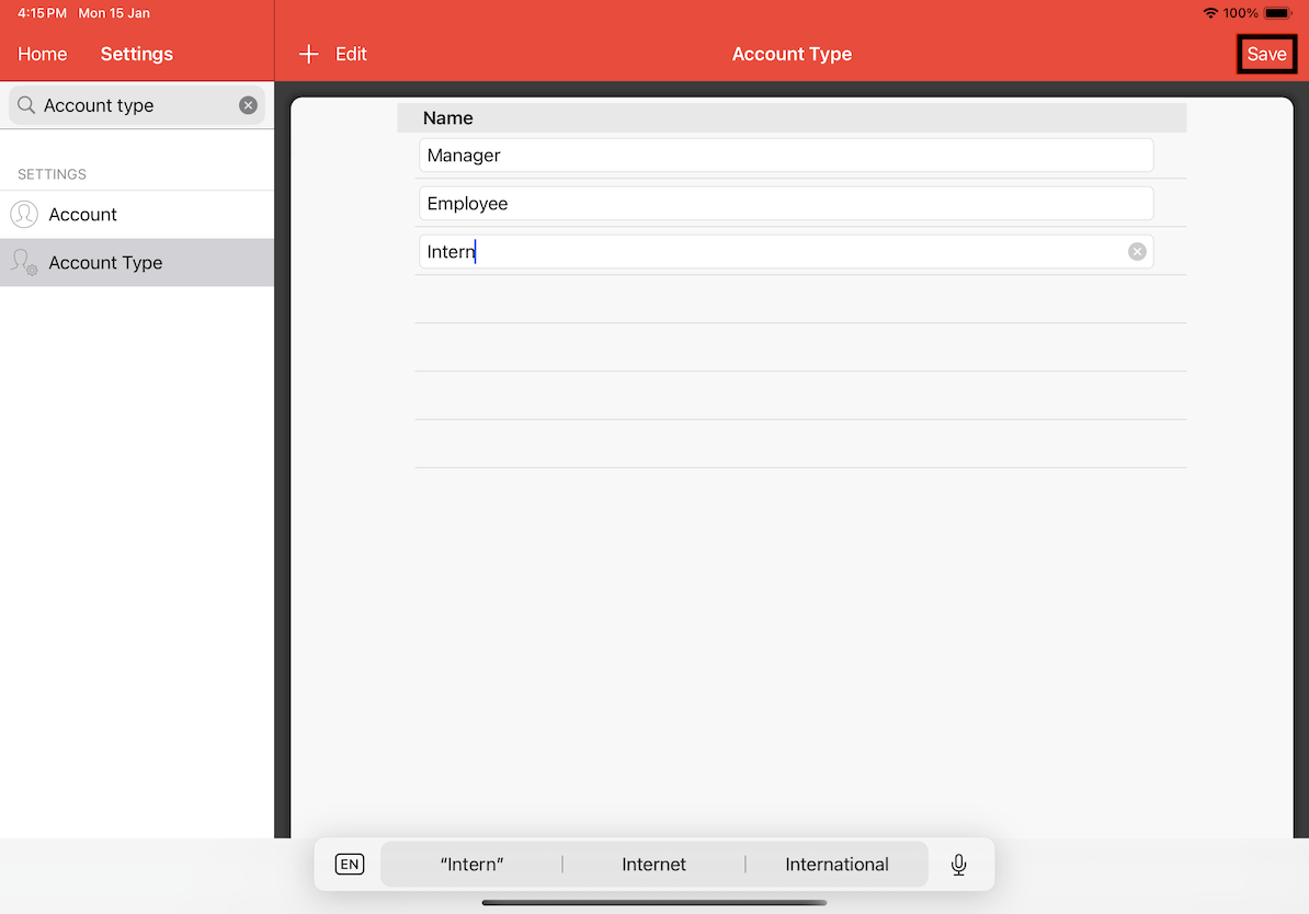 mobi-pos save add account type