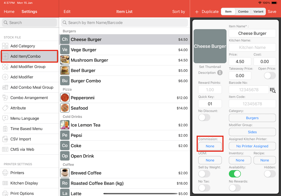 mobi-pos settings add-item-combo