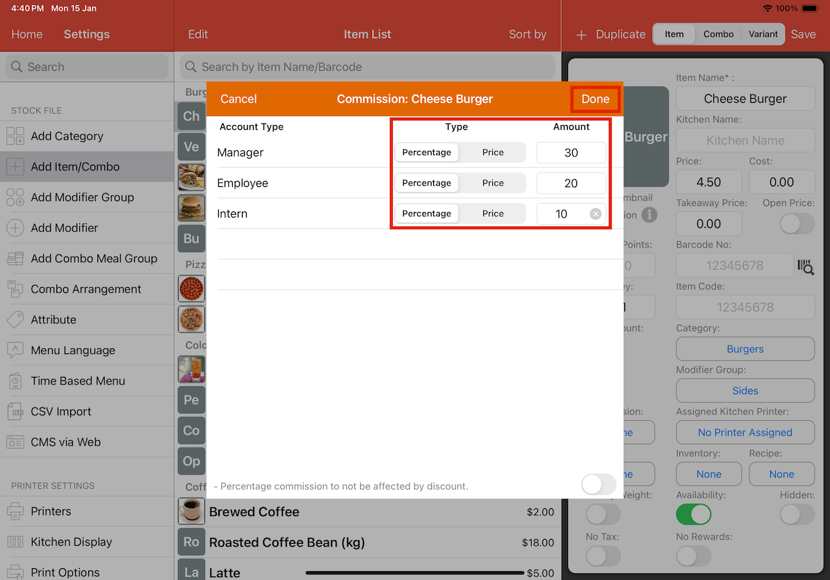 mobi-pos add-item-combo commission list