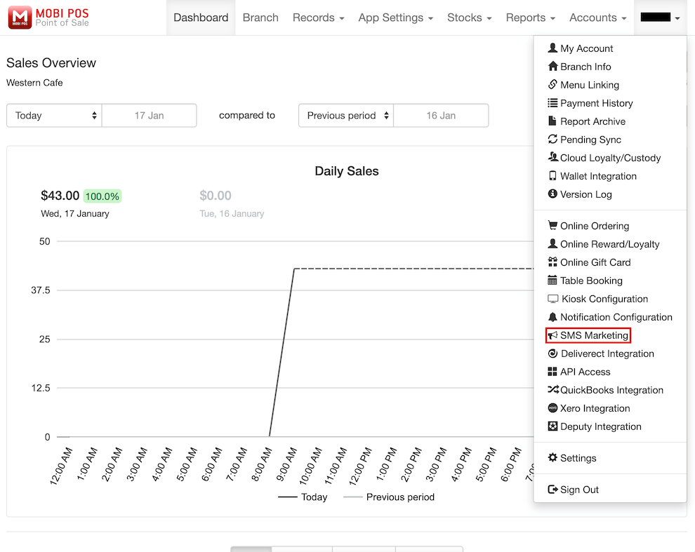 mobi-pos dashboard account drop-down listing