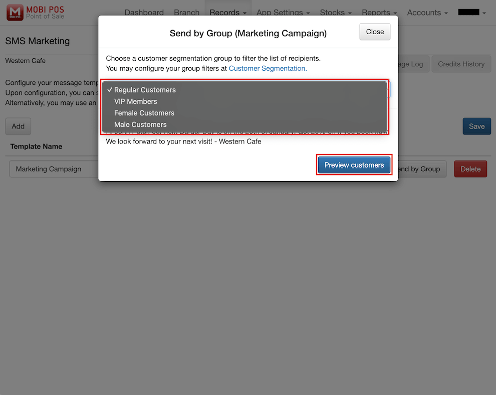mobi-pos send by group select customer segmentation
