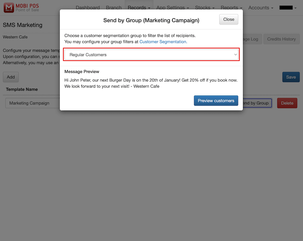 mobi-pos sms marketing send by group popup