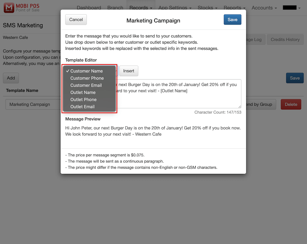 mobi-pos sms marketing template select keywords