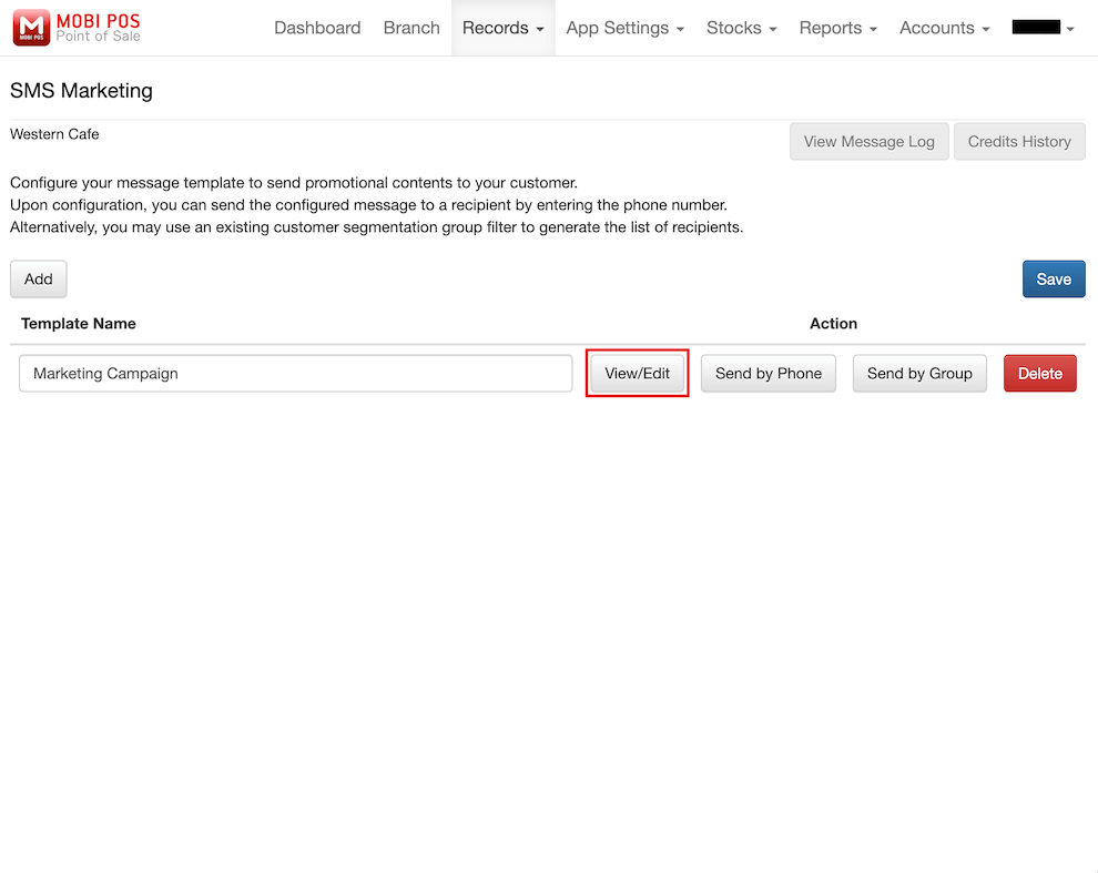 mobi-pos view or edit sms marketing template