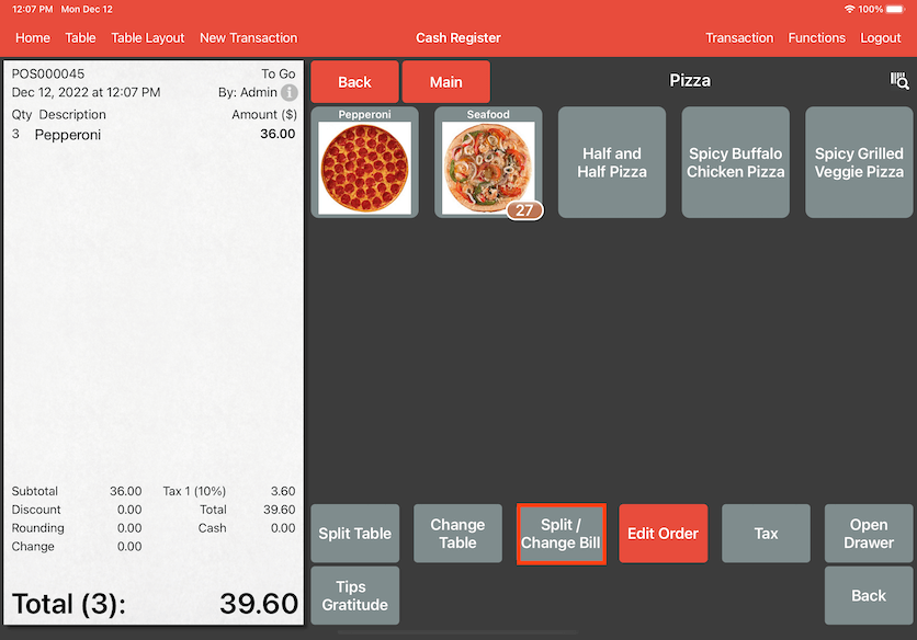 mobipos cash register split or change bill