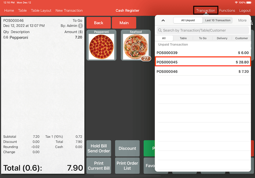 mobipos click transaction for different bill