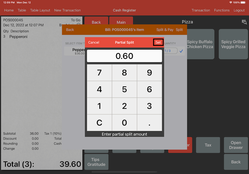 mobipos enter amount partial split