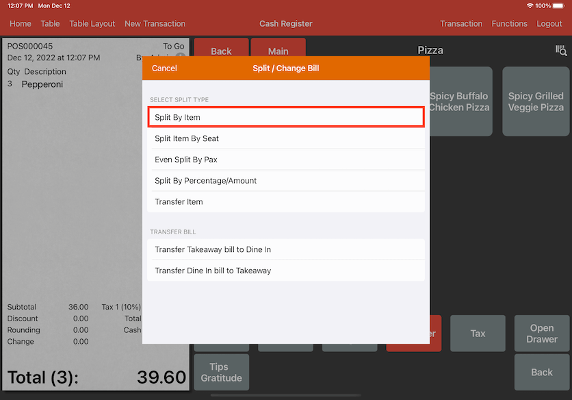 mobipos split by item