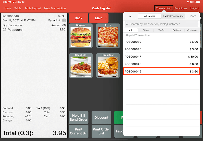 mobipos transaction different bill after split