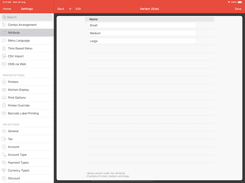 pos system attribute example size settings