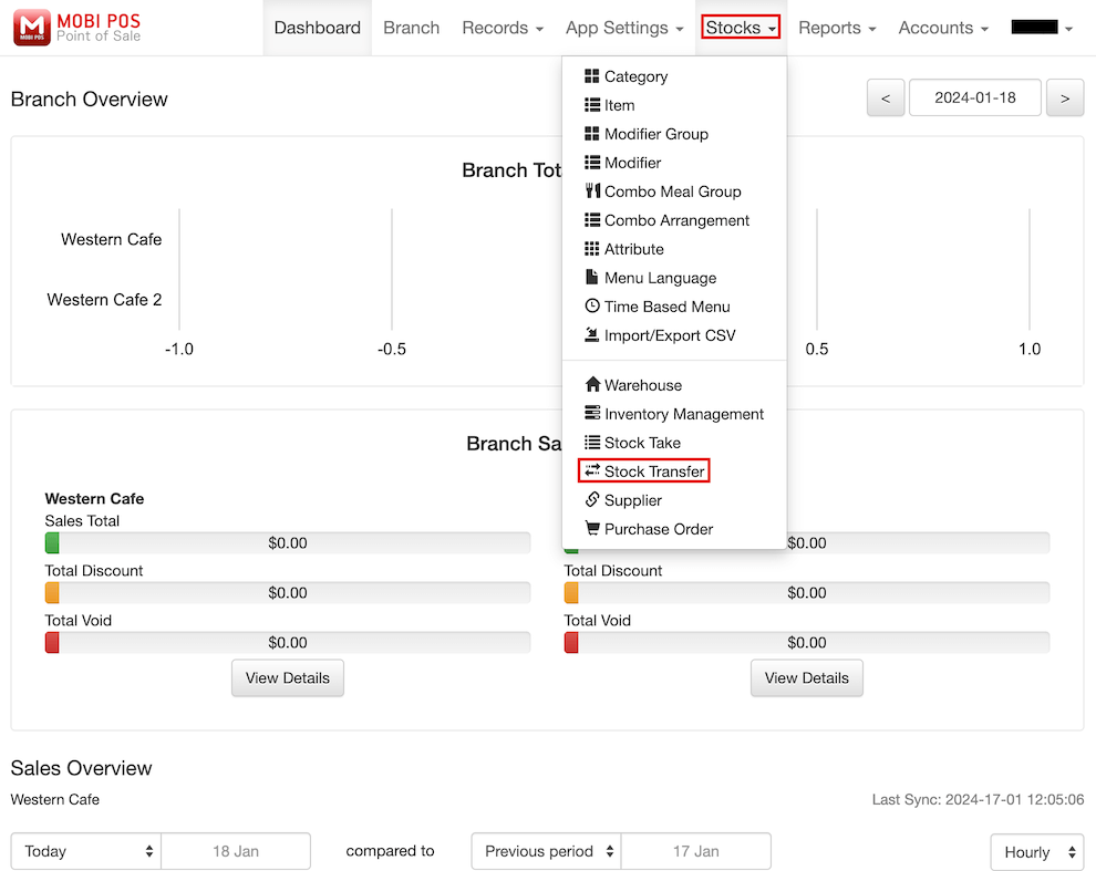 mobi-pos dashboard stocks stock transfer