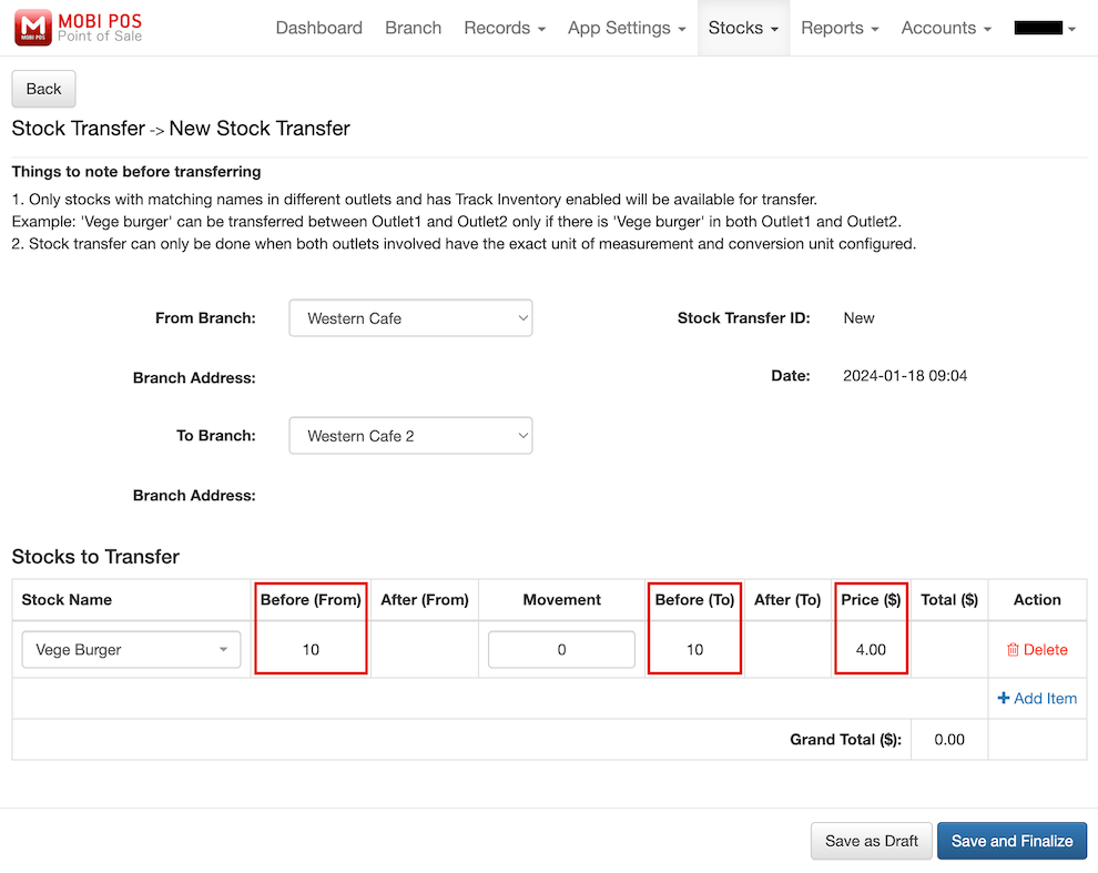 mobi-pos example of stock transfer