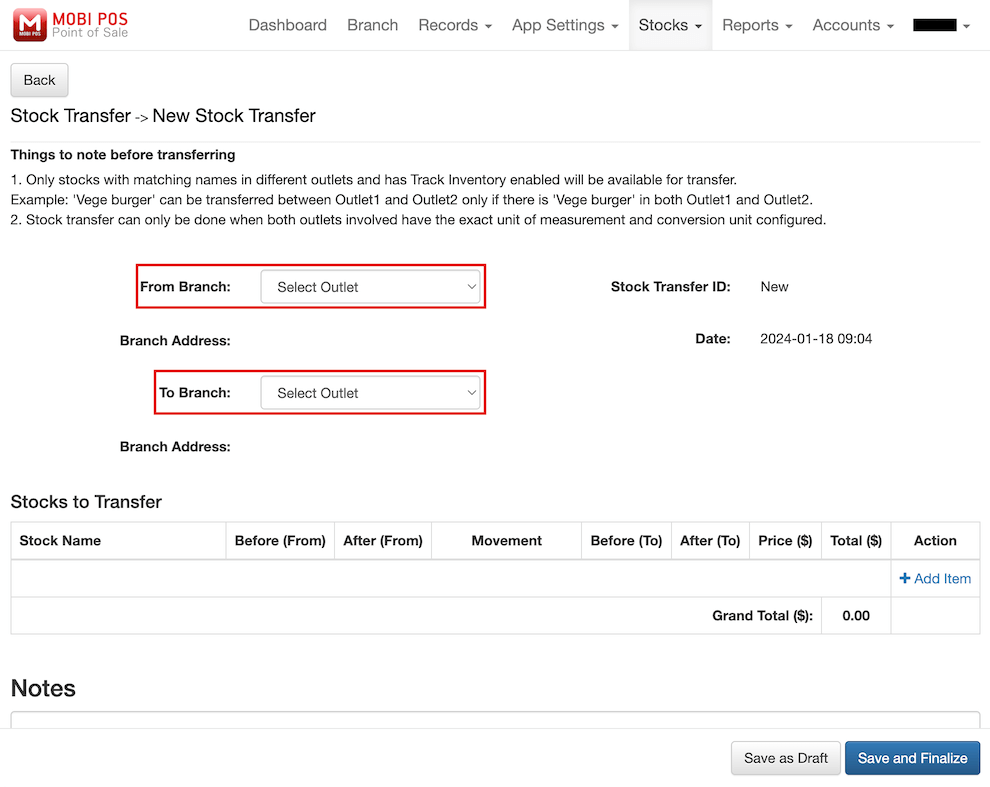 mobi-pos new stock transfer
