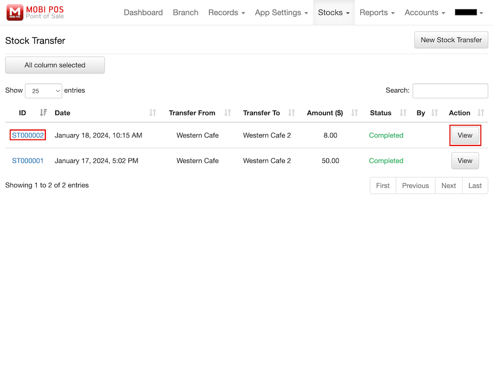 mobi-pos stock transfer history