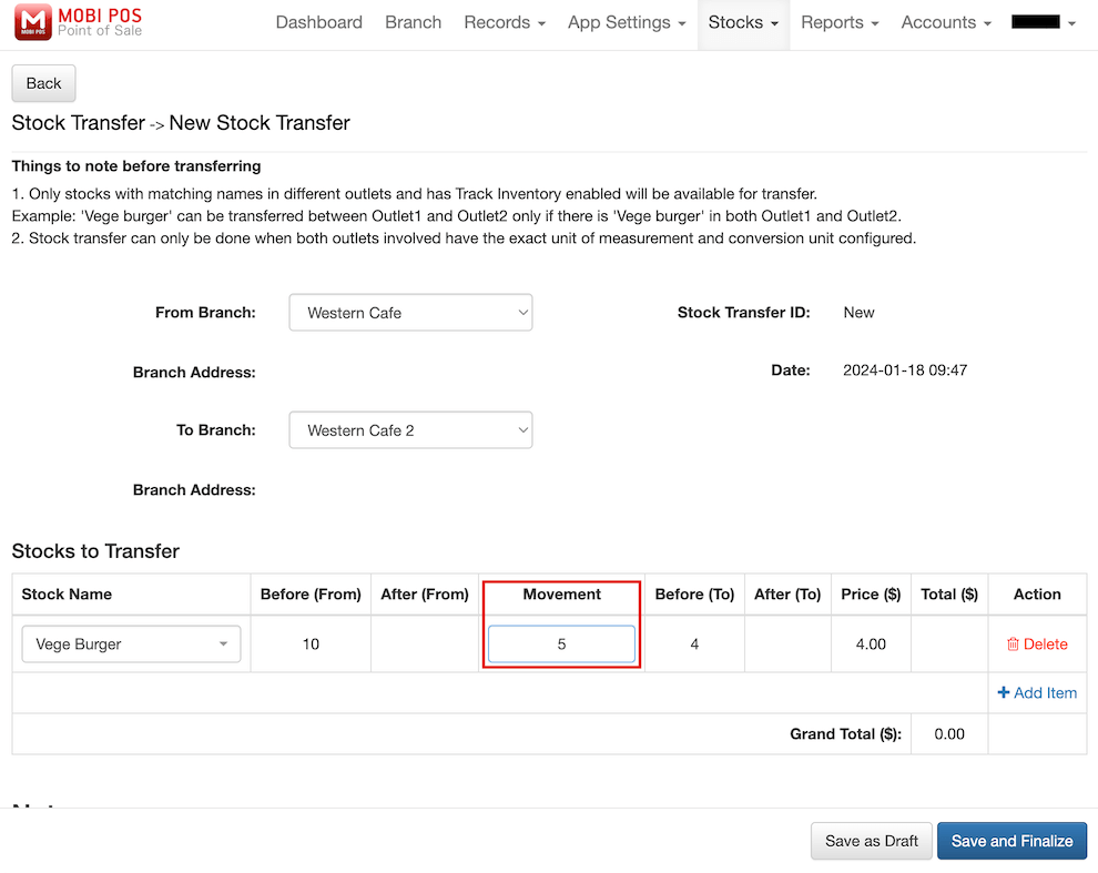 mobi-pos stock transfer movement