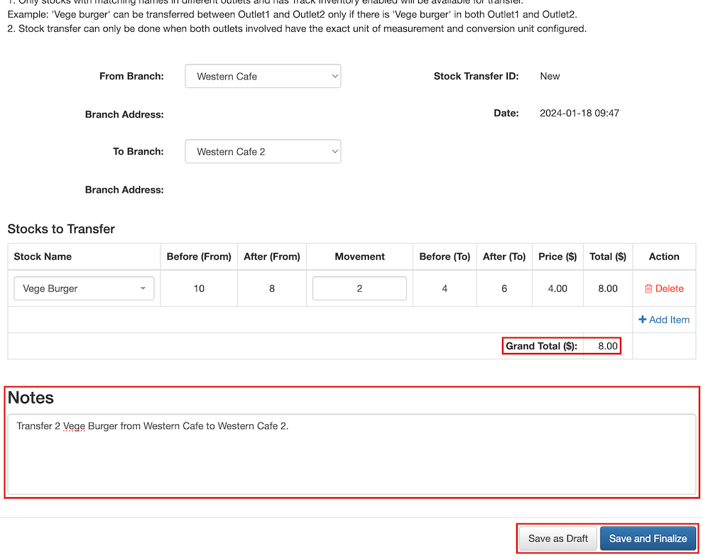 mobi-pos stock transfer note