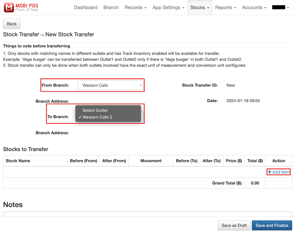 mobi-pos new stock transfer select branch