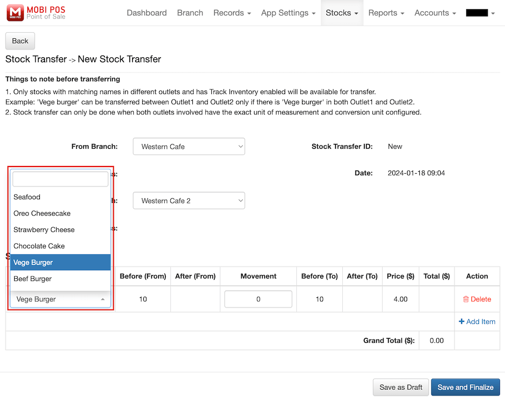 mobi-pos stock transfer select item drop-down