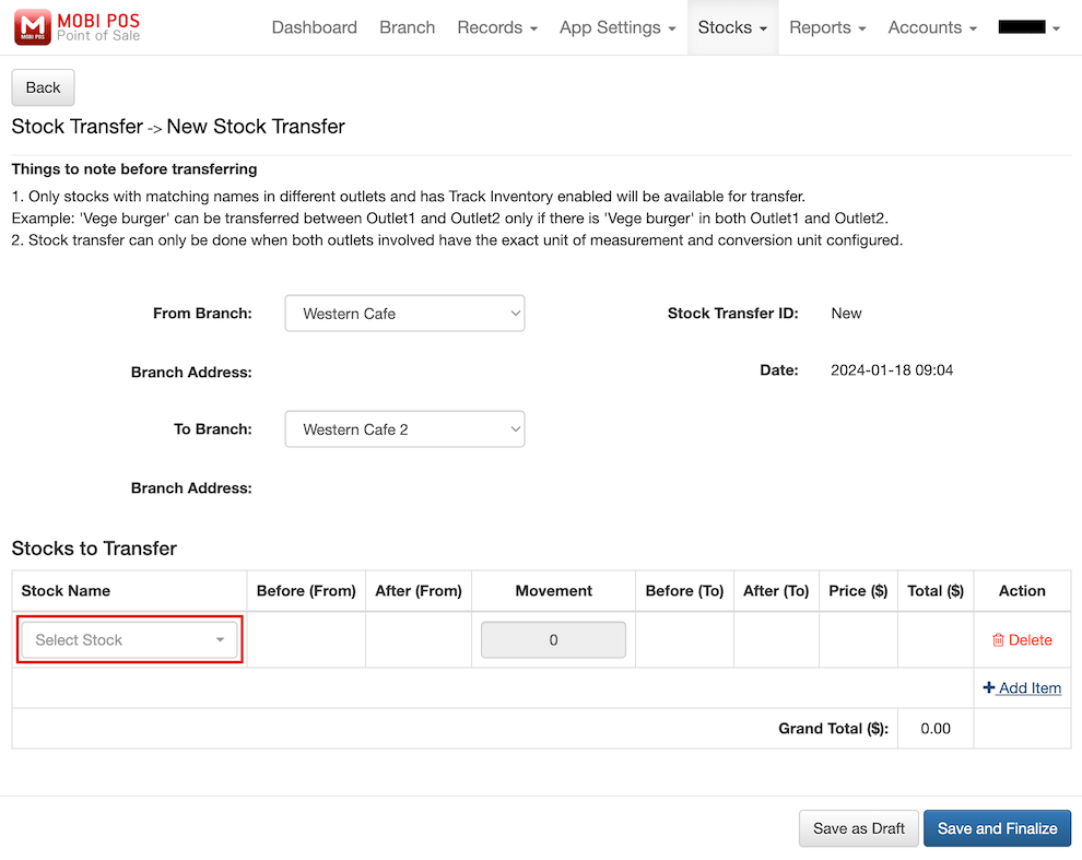 mobi-pos stock transfer select item