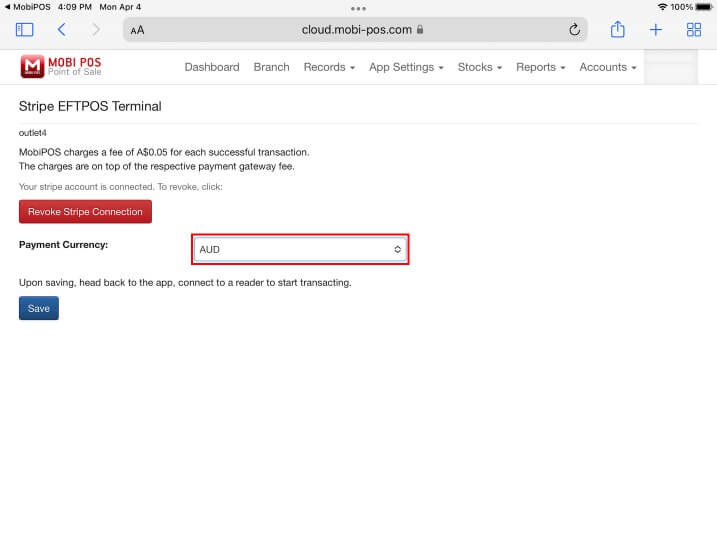 mobipos stripe payment currency setup