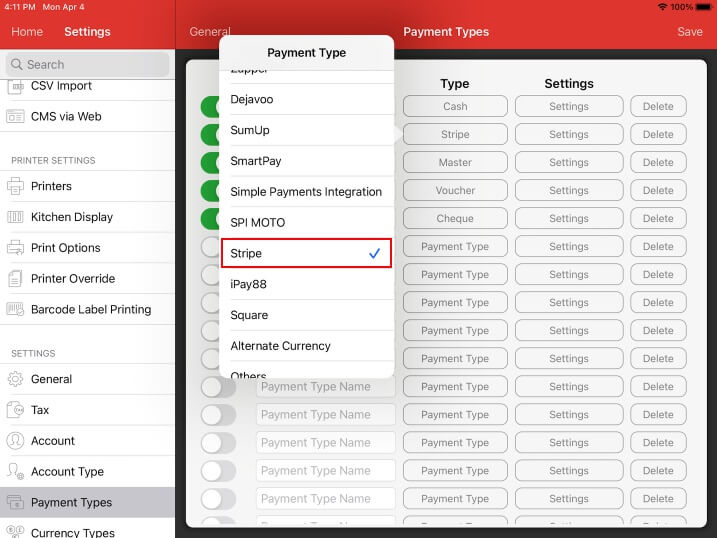 mobipos stripe type of payment