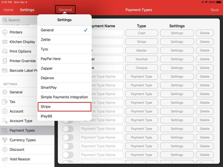 mobipos payment type stripe settings