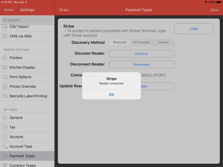 mobipos stripe reader connected