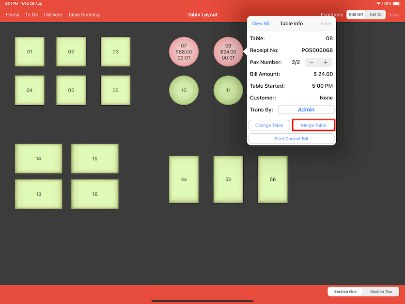 pos system upon table merging settings