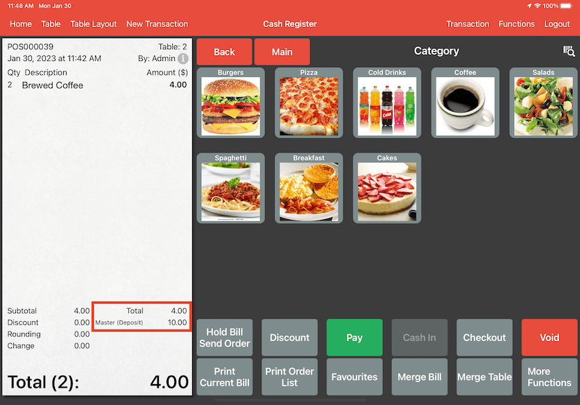 mobipos bill amount less than deposit